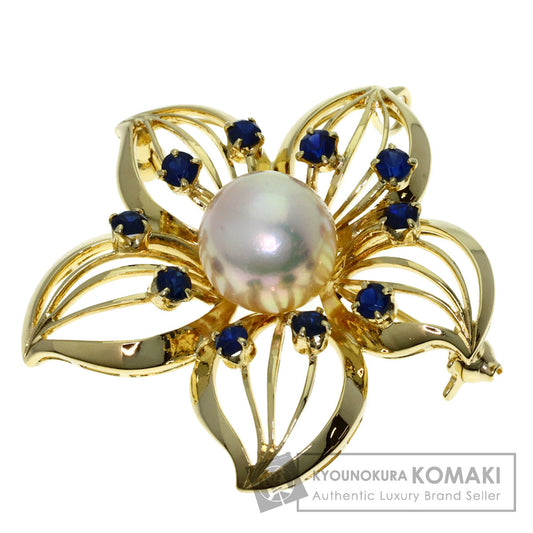 MIKIMOTO Flower Motif Pearl Pearl Sapphire Brooch K14 Yellow Gold Ladies [Used]