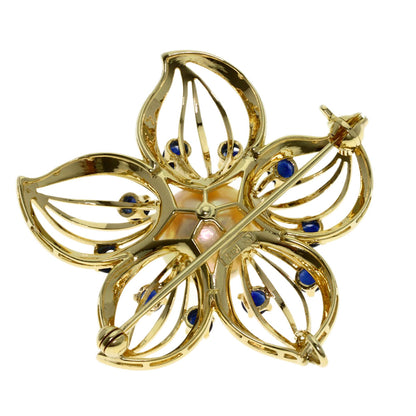 MIKIMOTO Flower Motif Pearl Pearl Sapphire Brooch K14 Yellow Gold Ladies [Used]