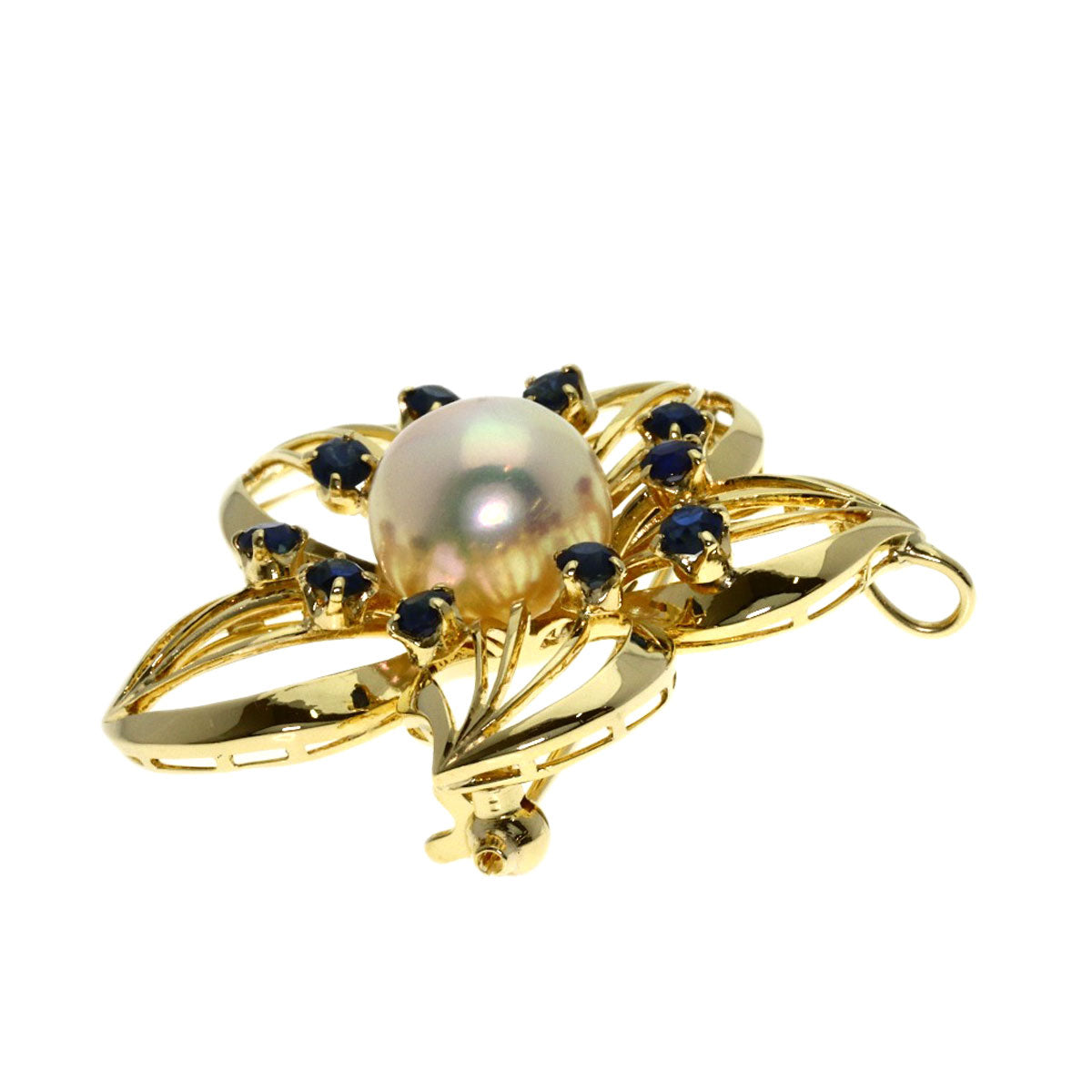 MIKIMOTO Flower Motif Pearl Pearl Sapphire Brooch K14 Yellow Gold Ladies [Used]