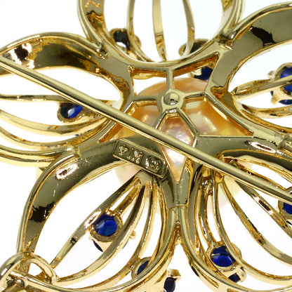 MIKIMOTO Flower Motif Pearl Pearl Sapphire Brooch K14 Yellow Gold Ladies [Used]
