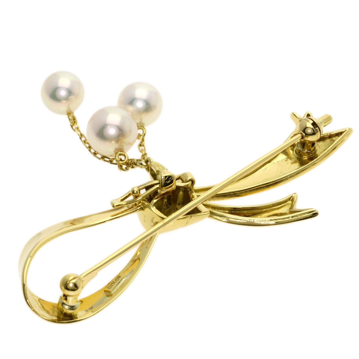 MIKIMOTO Ribbon Pearl Pearl Brooch K18 Yellow Gold Ladies [Used]