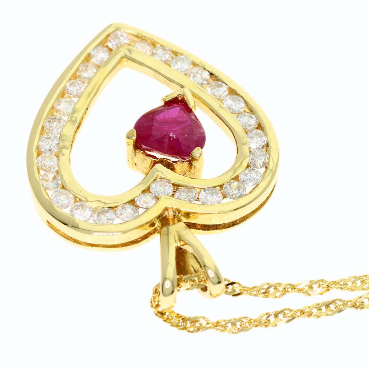Ruby Diamond Heart Necklace K18 Yellow Gold 3.1g　Ladies