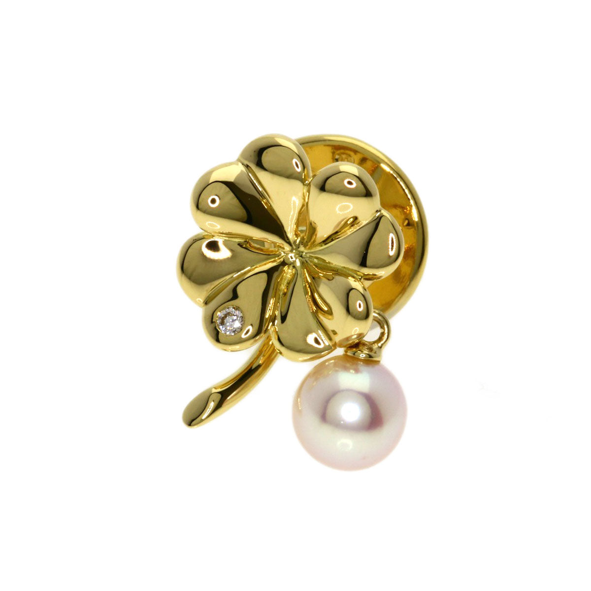 MIKIMOTO Clover Pearl Diamond Pin Brooch Brooch K18 Yellow Gold Ladies [Used]