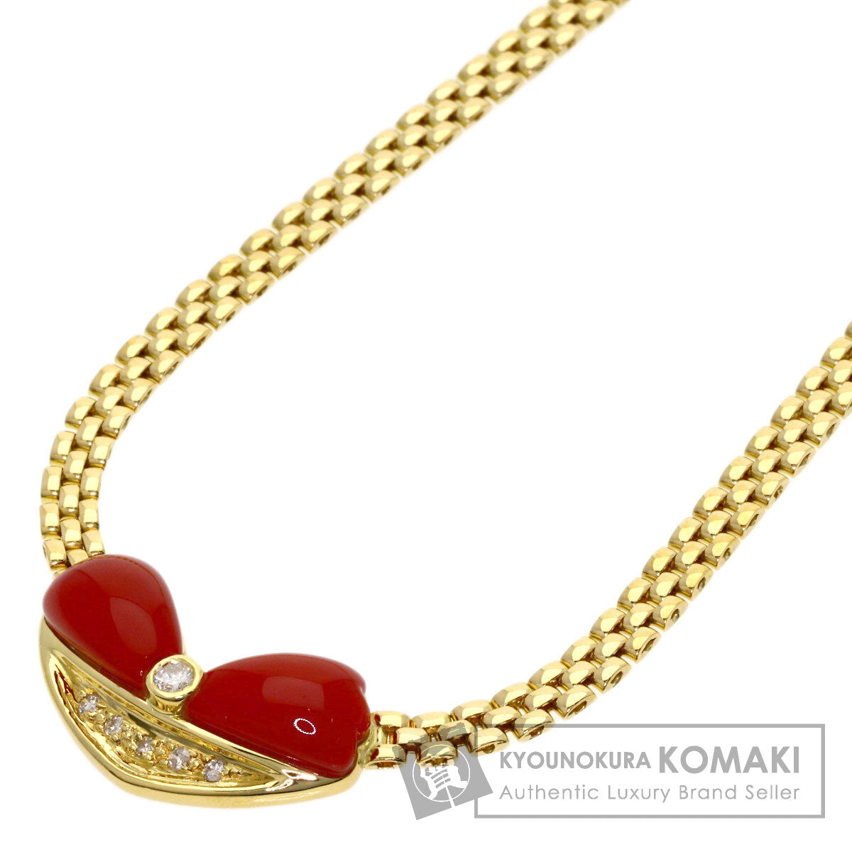 0.14ct Coral Coral Diamond Necklace K18 Yellow Gold 17.4g　Ladies