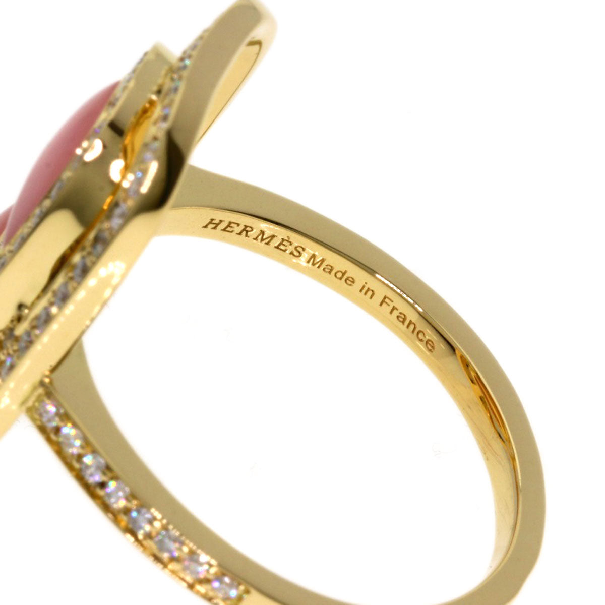 HERMES Shane Dunkle Lumière Diamond Pink Opal Ring K18 Yellow Gold Ladies [Used]