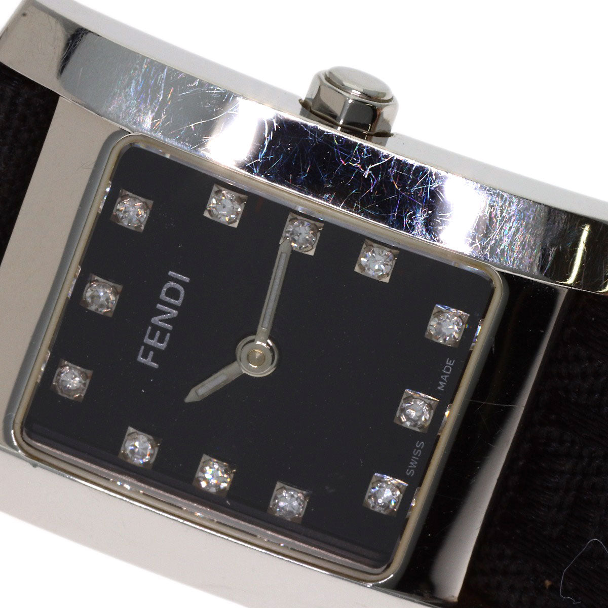 FENDI Square Face 12P Diamond Watches 7000L Stainless Steel/Leather Ladies