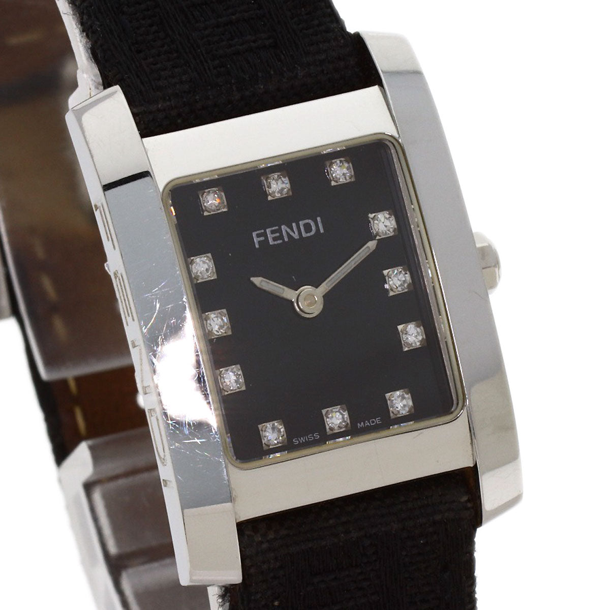 FENDI Square Face 12P Diamond Watches 7000L Stainless Steel/Leather Ladies