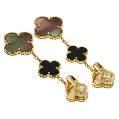 Van Cleef & Arpels Magic Alhambra 3 Motif Shell Onyx Earring K18 Yellow Gold Ladies [Used]
