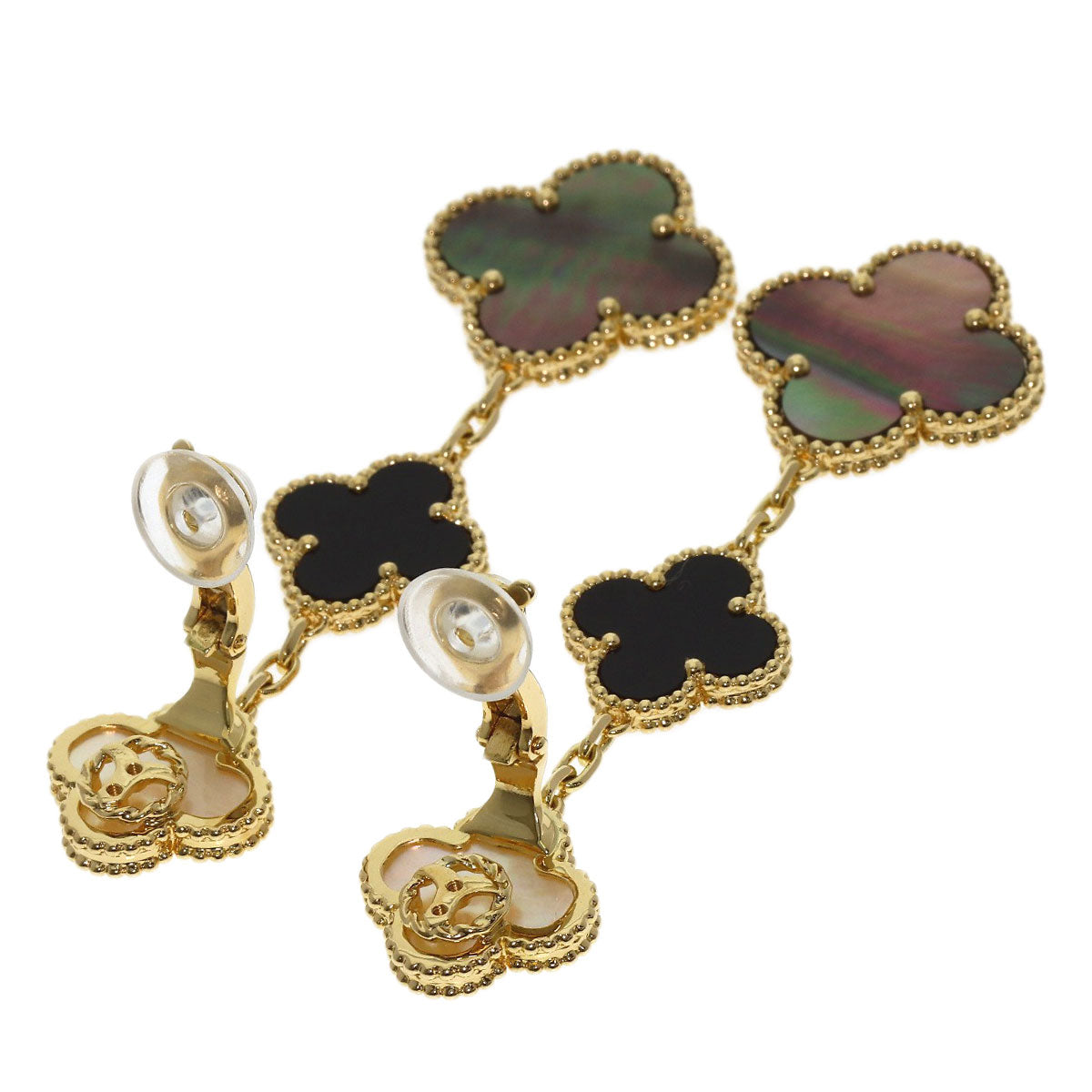 Van Cleef & Arpels Magic Alhambra 3 Motif Shell Onyx Earring K18 Yellow Gold Ladies [Used]