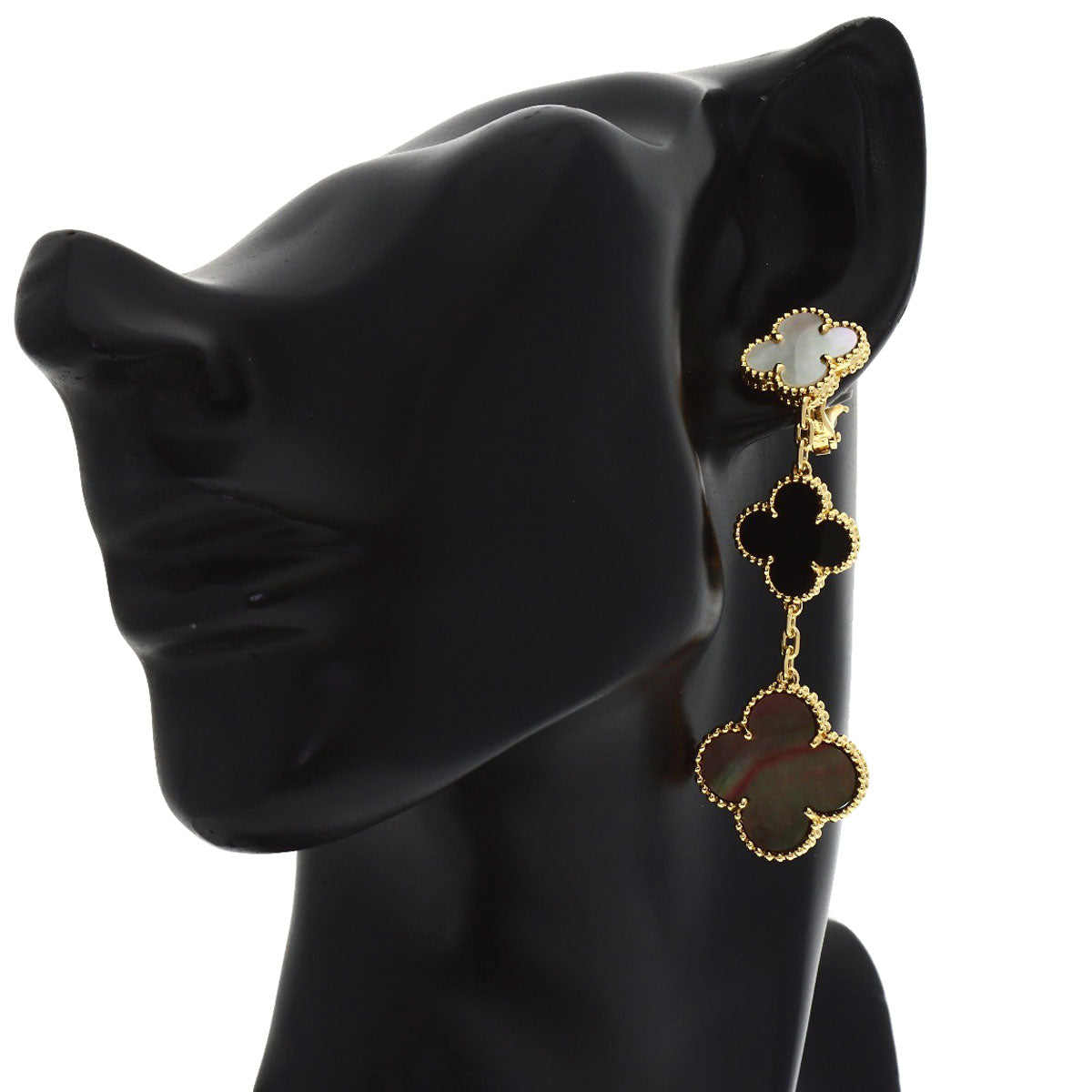 Van Cleef & Arpels Magic Alhambra 3 Motif Shell Onyx Earring K18 Yellow Gold Ladies [Used]