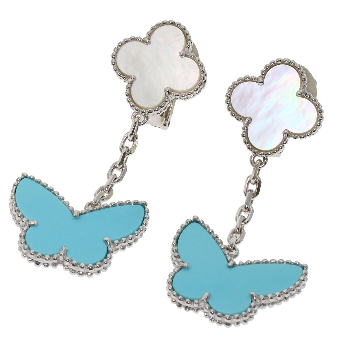 Van Cleef & Arpels Lucky Alhambra Papillon Turquoise White Shell Earring K18 White Gold Ladies [Used]