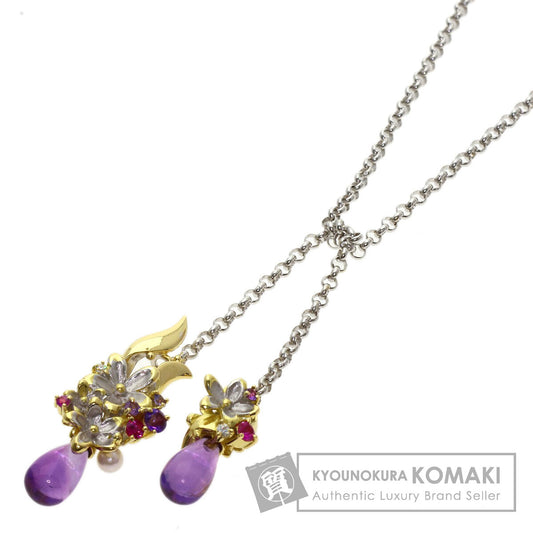 0.03ct Flower motif Amethyst Pearl Pearl Necklace K18 Yellow Gold 16.4g　Ladies