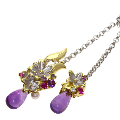 0.03ct Flower motif Amethyst Pearl Pearl Necklace K18 Yellow Gold 16.4g　Ladies