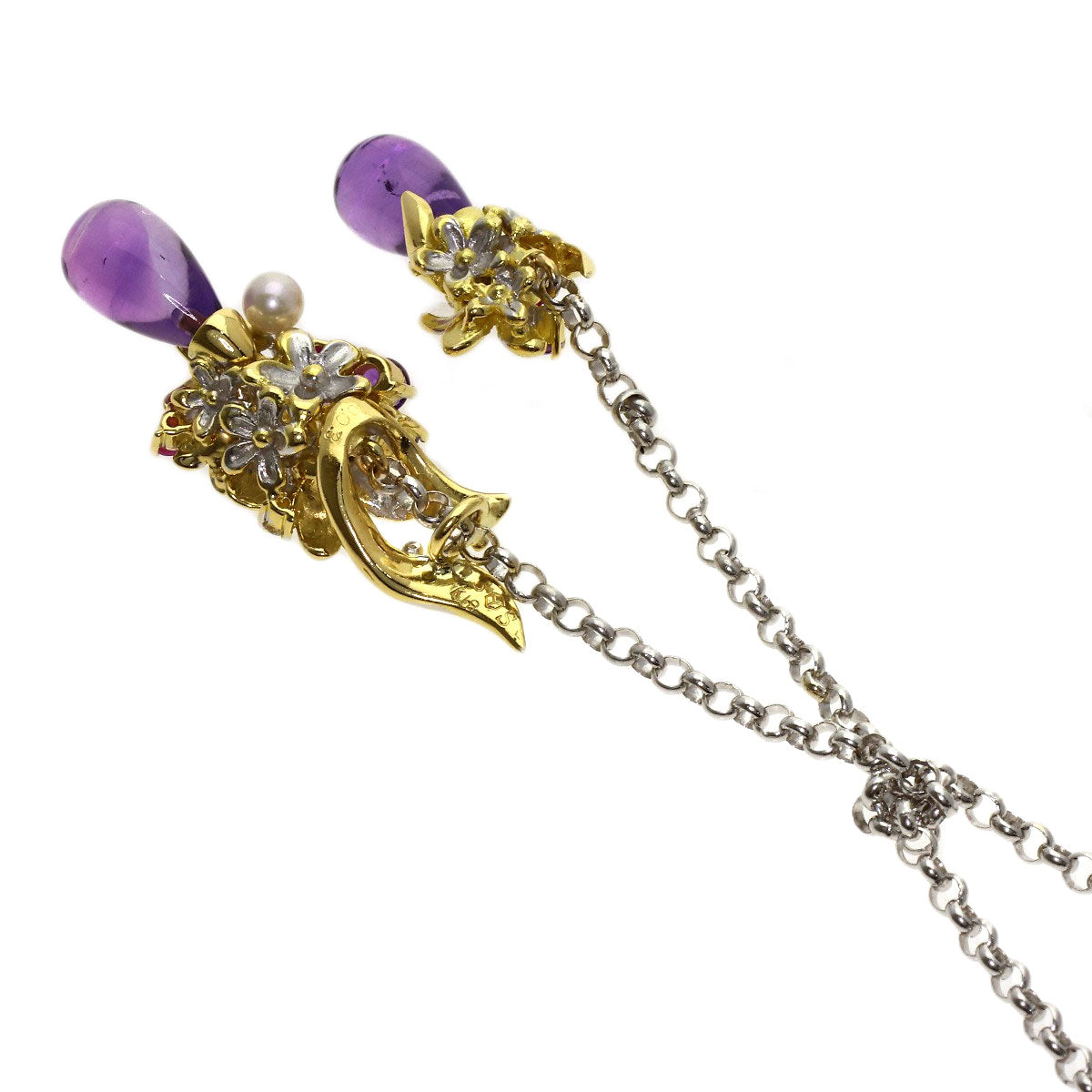 0.03ct Flower motif Amethyst Pearl Pearl Necklace K18 Yellow Gold 16.4g　Ladies