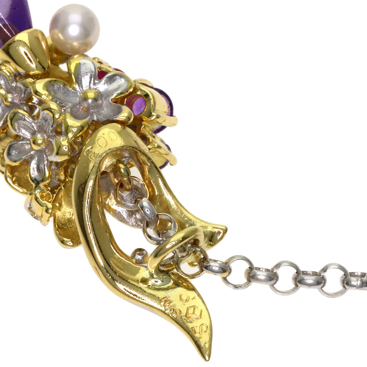 0.03ct Flower motif Amethyst Pearl Pearl Necklace K18 Yellow Gold 16.4g　Ladies