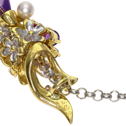 0.03ct Flower motif Amethyst Pearl Pearl Necklace K18 Yellow Gold 16.4g　Ladies