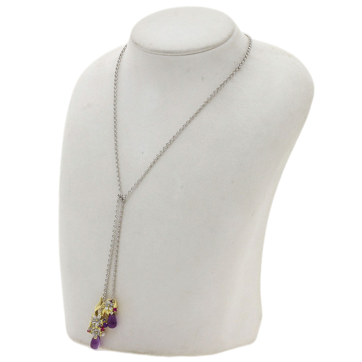 0.03ct Flower motif Amethyst Pearl Pearl Necklace K18 Yellow Gold 16.4g　Ladies