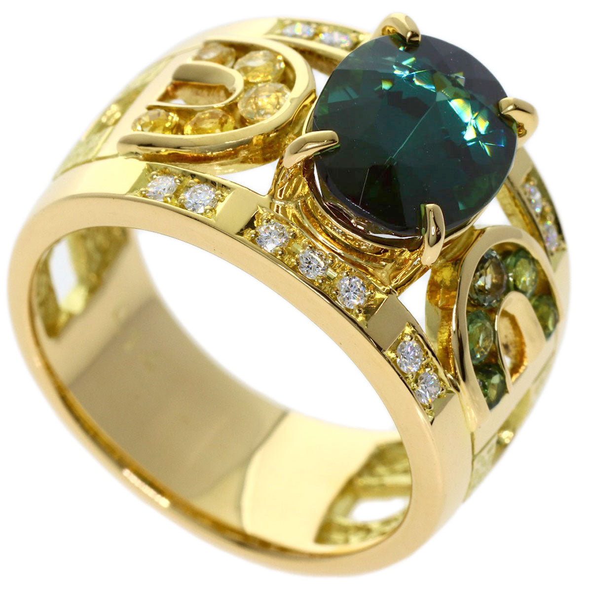 IKEDA KEIKO AK Collection Green Tourmaline Diamond Sapphire Ring K18 Yellow Gold Ladies [Used]