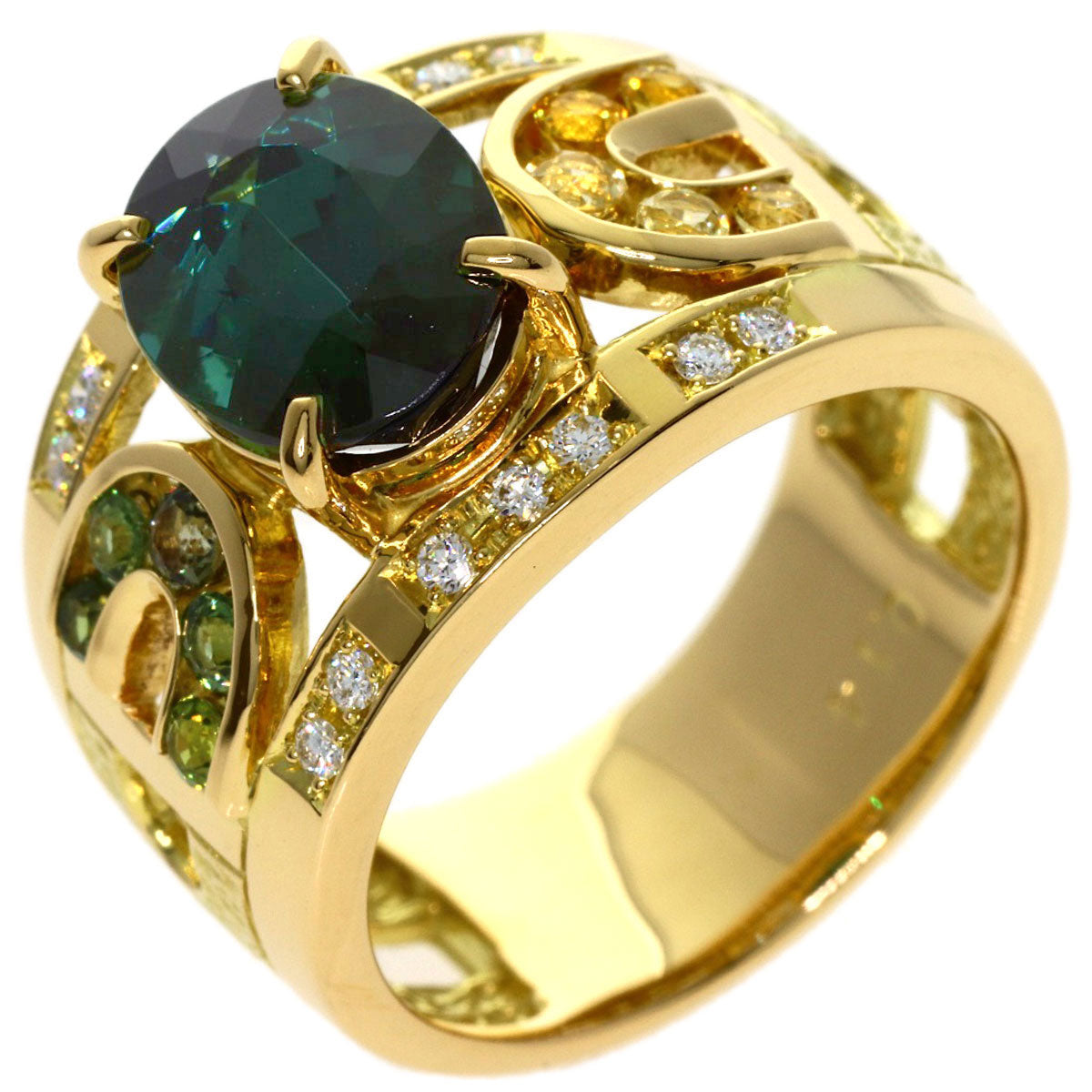 IKEDA KEIKO AK Collection Green Tourmaline Diamond Sapphire Ring K18 Yellow Gold Ladies [Used]