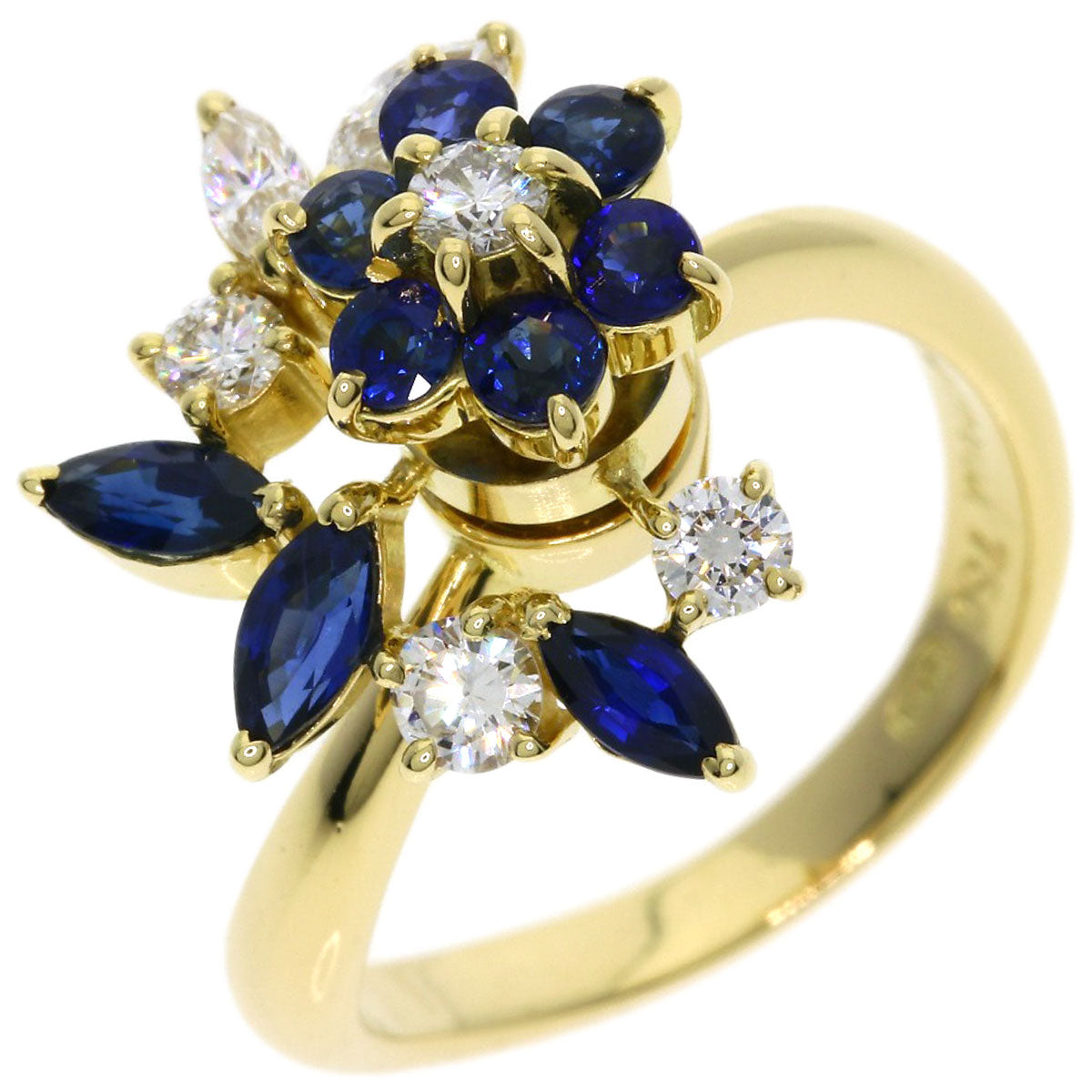 WALTHAM Flower Swing Sapphire Diamond Ring K18 Yellow Gold Ladies [Used]