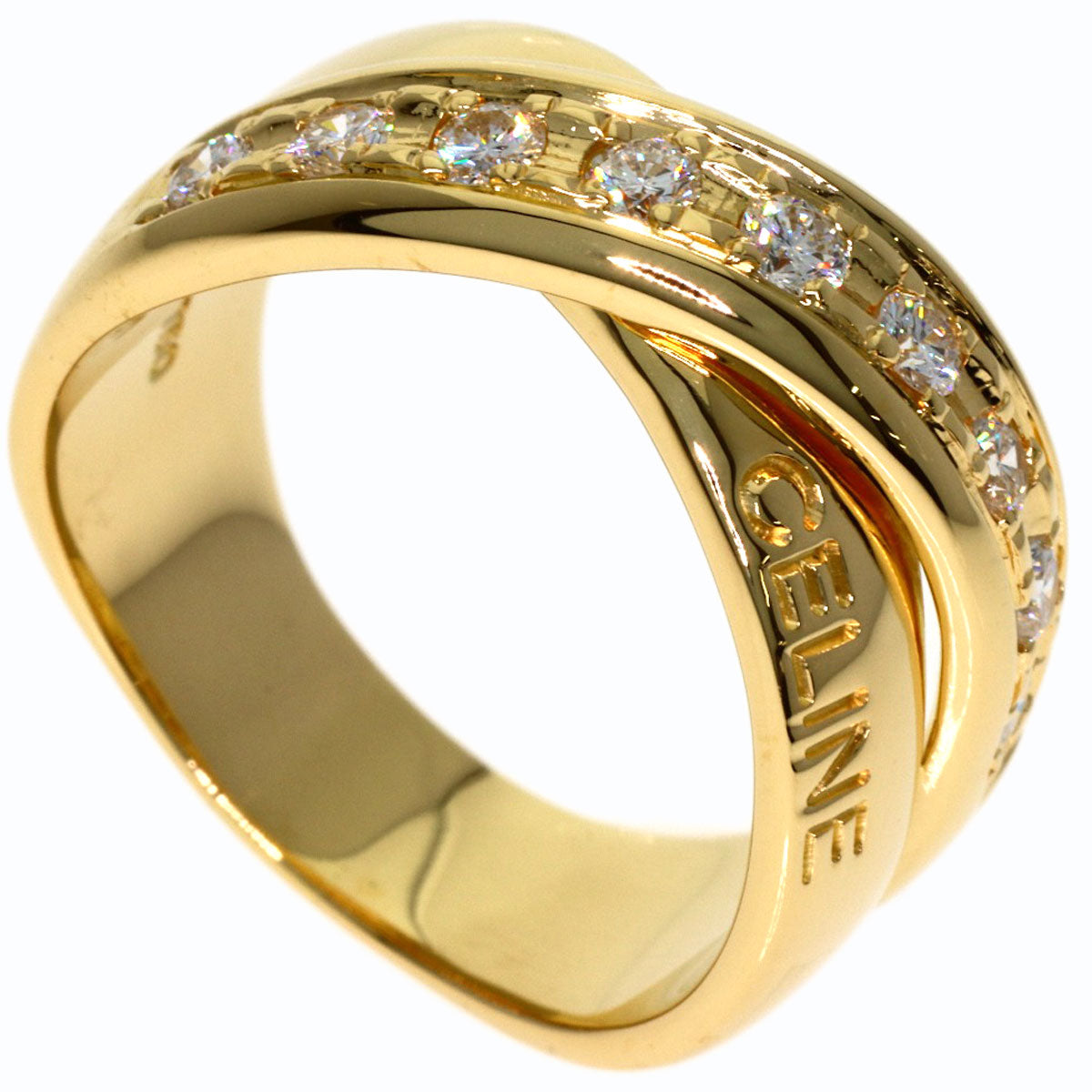 CELINE Logo Cross Diamond Ring K18 Yellow Gold Ladies [Used]