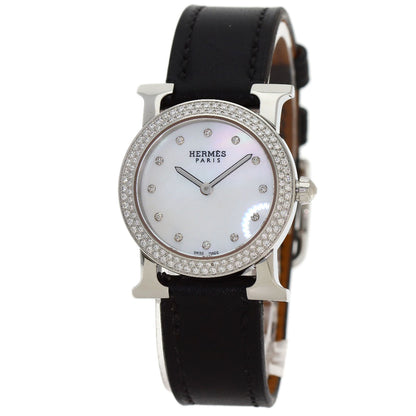 HERMES H Watch Ronde Bezel Diamond Watches HR1.230 Stainless Steel/Leather Ladies