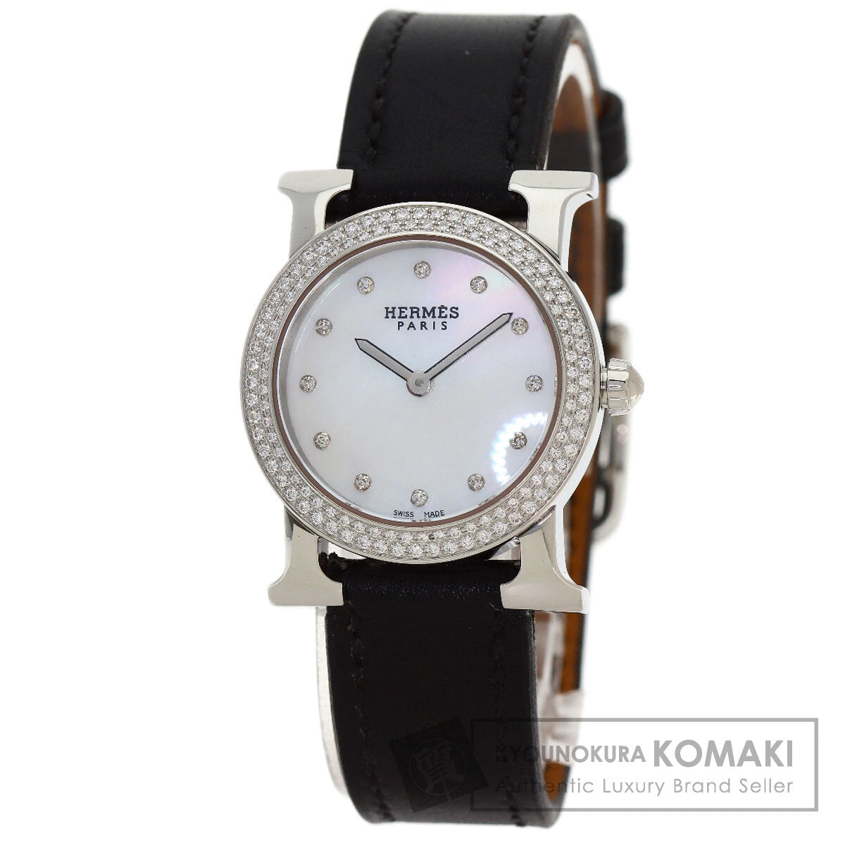 HERMES H Watch Ronde Bezel Diamond Watches HR1.230 Stainless Steel/Leather Ladies