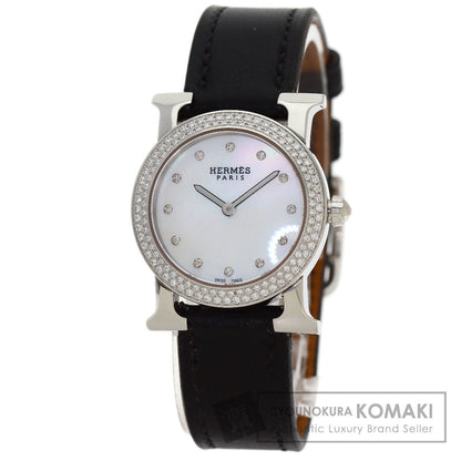 HERMES H Watch Ronde Bezel Diamond Watches HR1.230 Stainless Steel/Leather Ladies