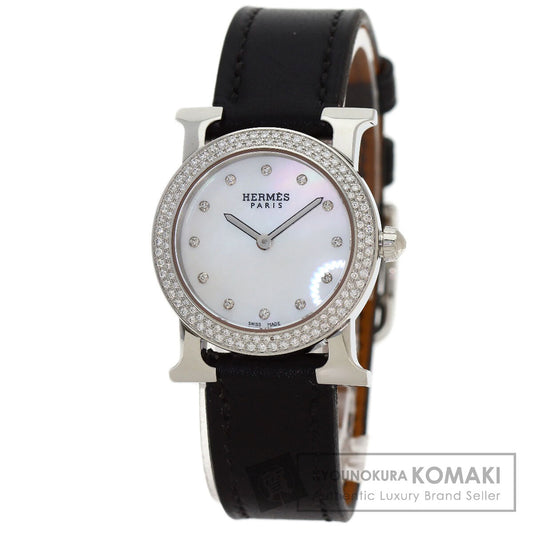 HERMES H Watch Ronde Bezel Diamond Watches HR1.230 Stainless Steel/Leather Ladies