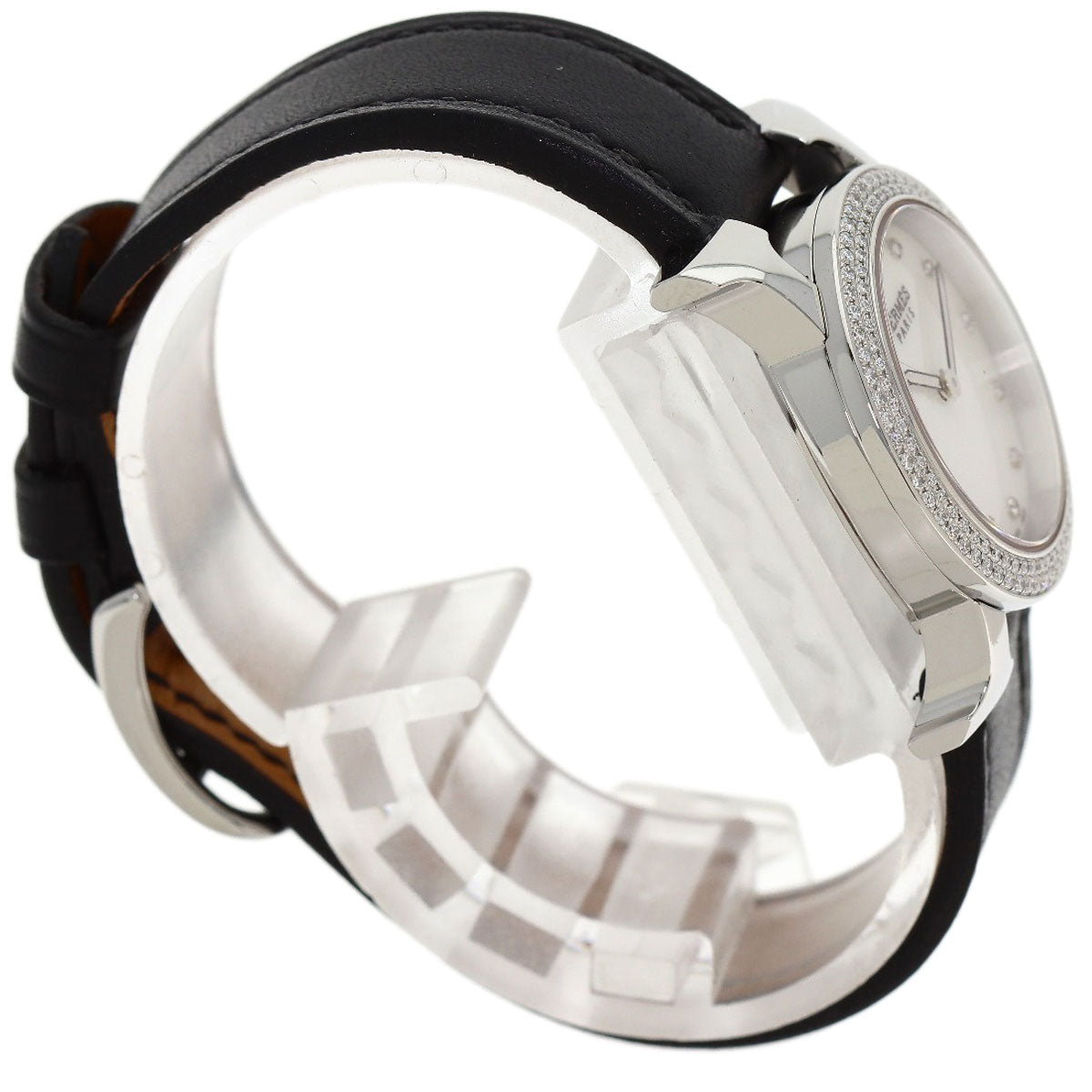 HERMES H Watch Ronde Bezel Diamond Watches HR1.230 Stainless Steel/Leather Ladies