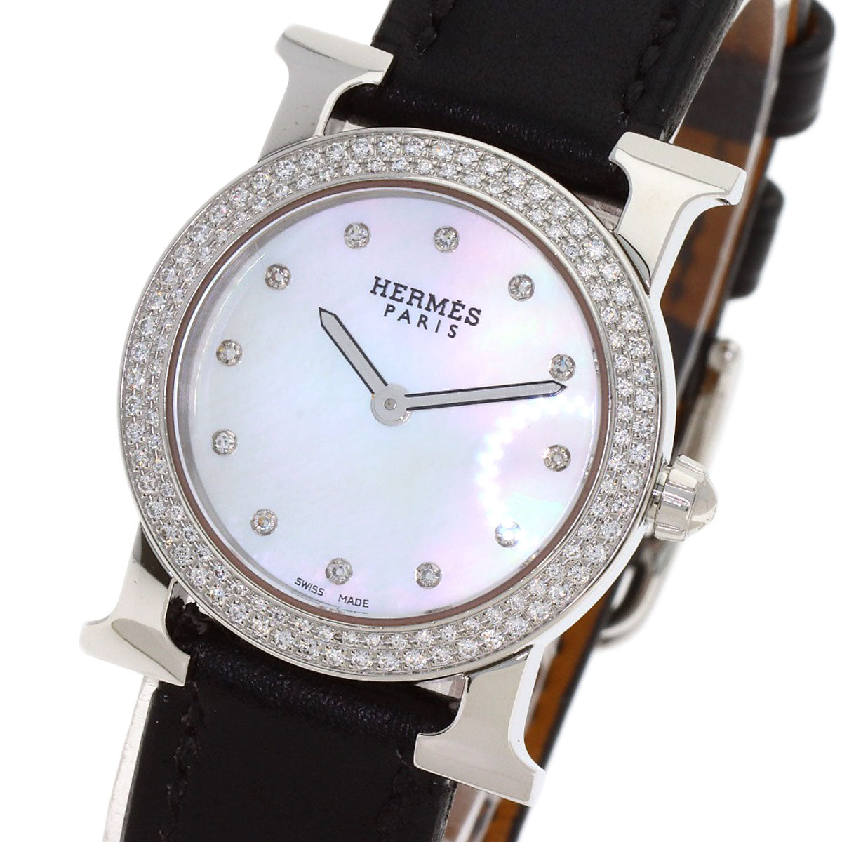 HERMES H Watch Ronde Bezel Diamond Watches HR1.230 Stainless Steel/Leather Ladies