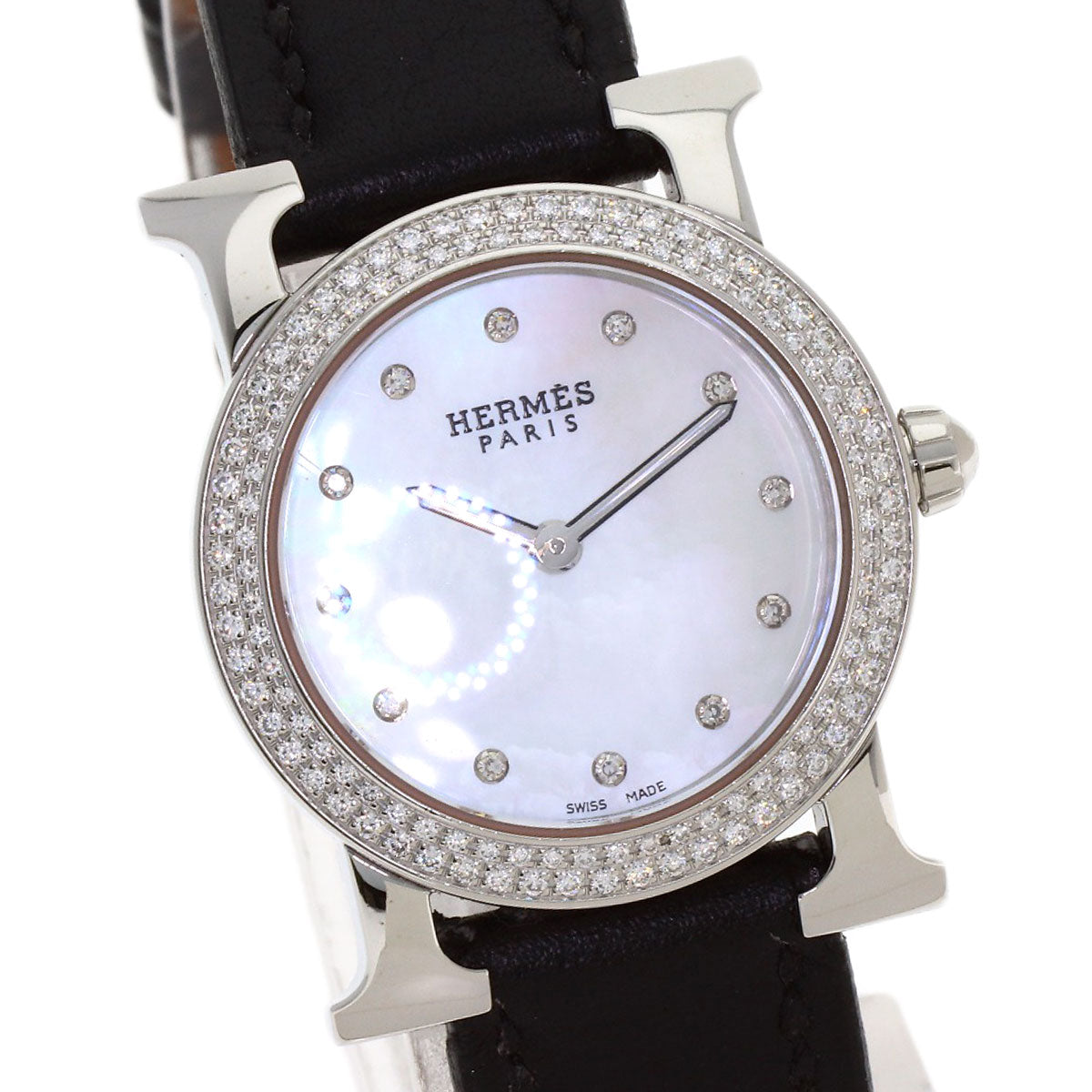 HERMES H Watch Ronde Bezel Diamond Watches HR1.230 Stainless Steel/Leather Ladies