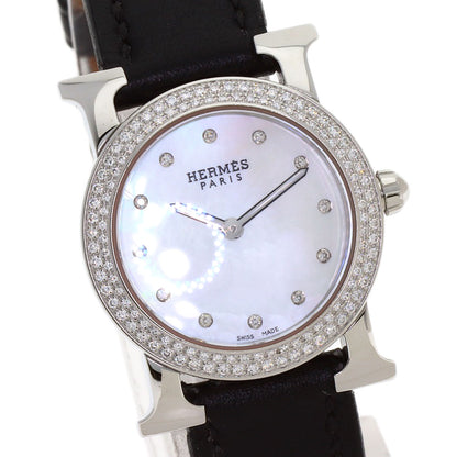 HERMES H Watch Ronde Bezel Diamond Watches HR1.230 Stainless Steel/Leather Ladies