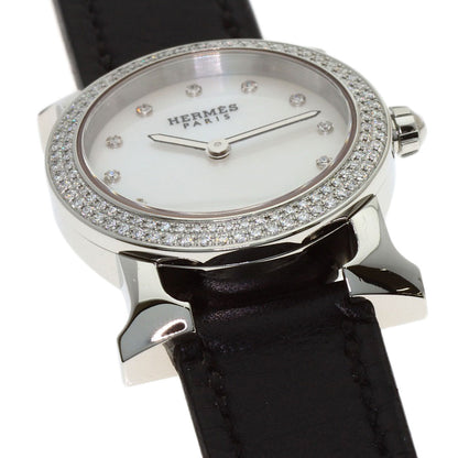 HERMES H Watch Ronde Bezel Diamond Watches HR1.230 Stainless Steel/Leather Ladies