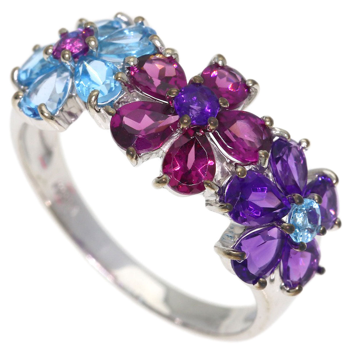 Ponte Vecchio Flower motif Blue Topaz Amethyst Garnet Ring K18 White Gold Ladies [Used]