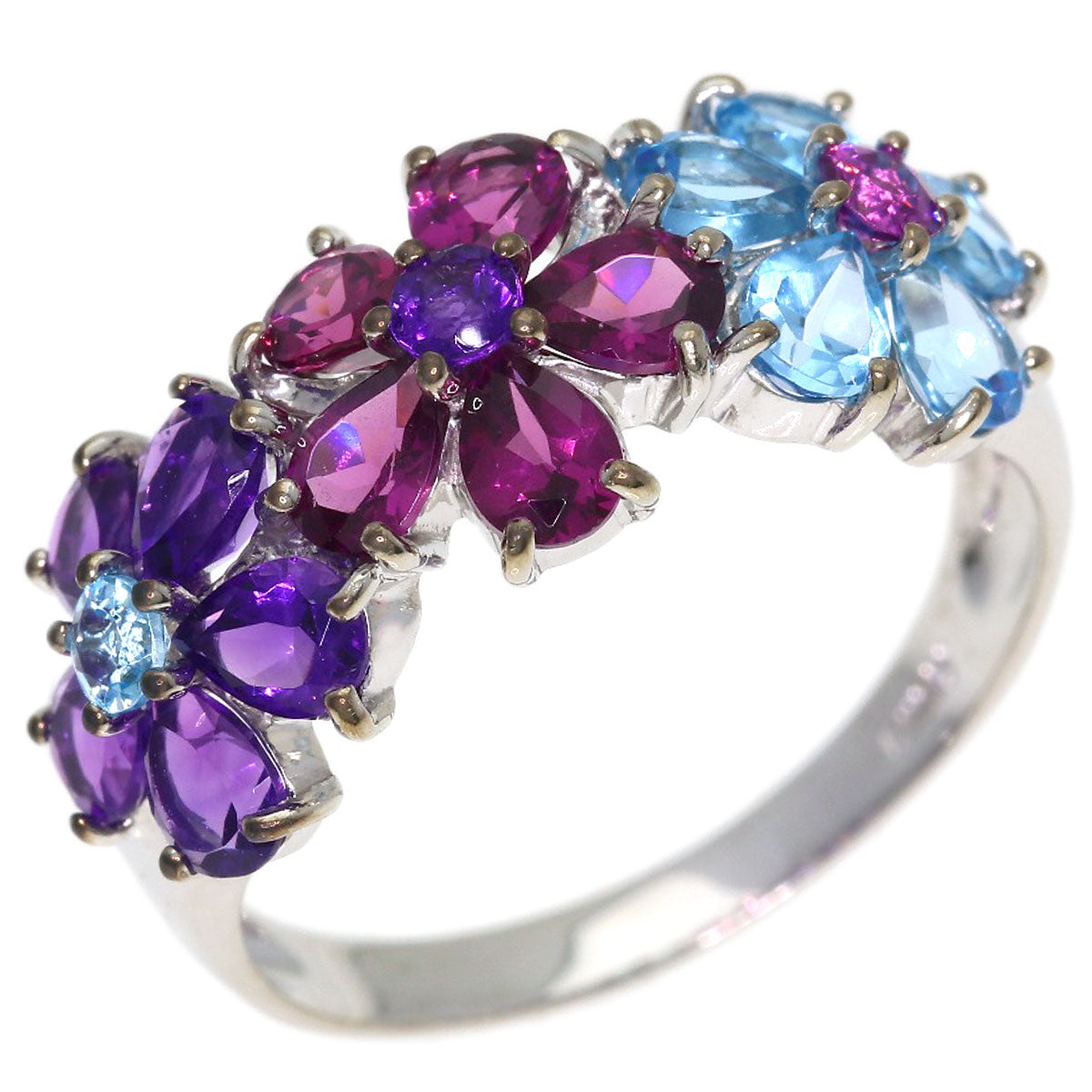 Ponte Vecchio Flower motif Blue Topaz Amethyst Garnet Ring K18 White Gold Ladies [Used]