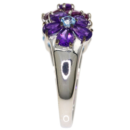 Ponte Vecchio Flower motif Blue Topaz Amethyst Garnet Ring K18 White Gold Ladies [Used]