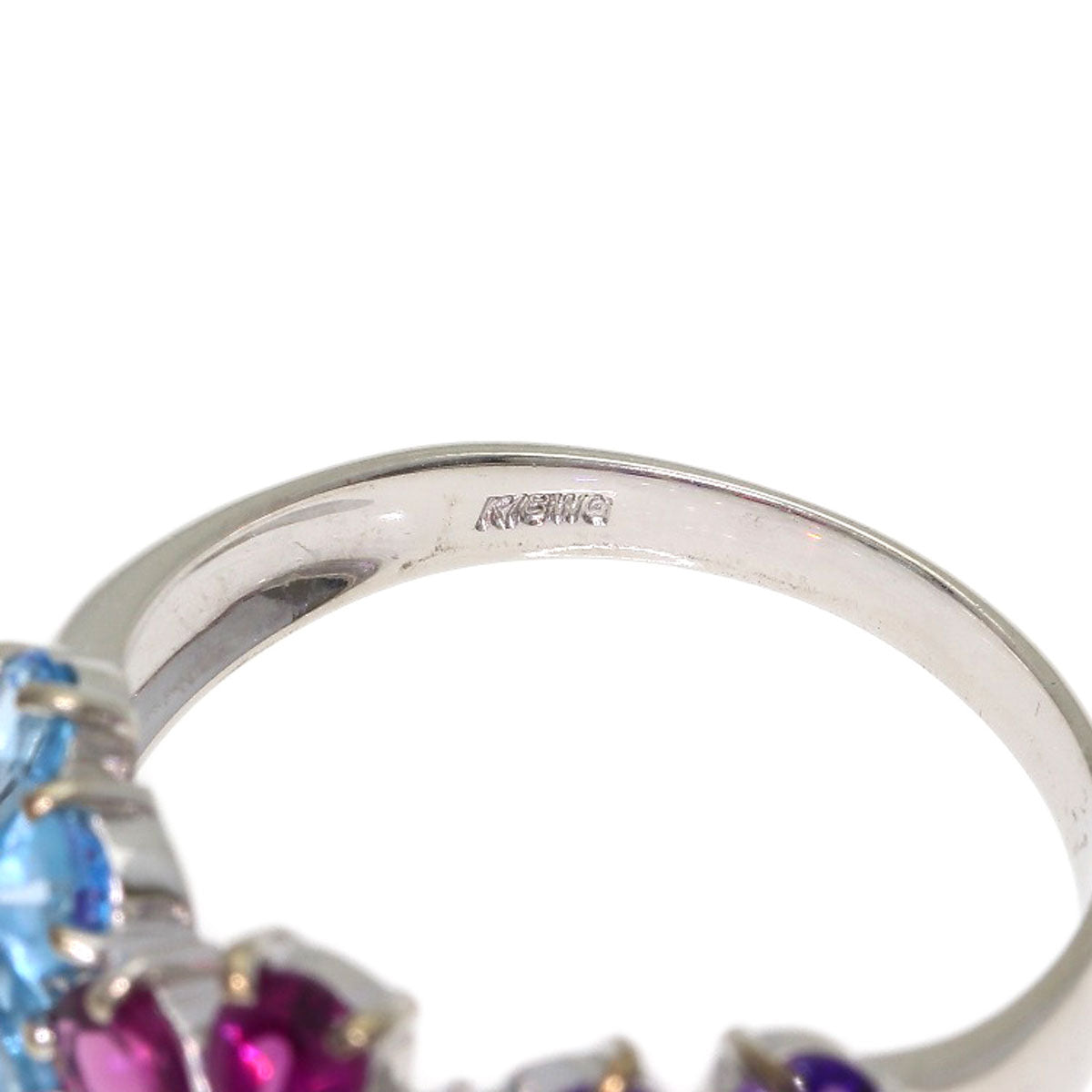 Ponte Vecchio Flower motif Blue Topaz Amethyst Garnet Ring K18 White Gold Ladies [Used]