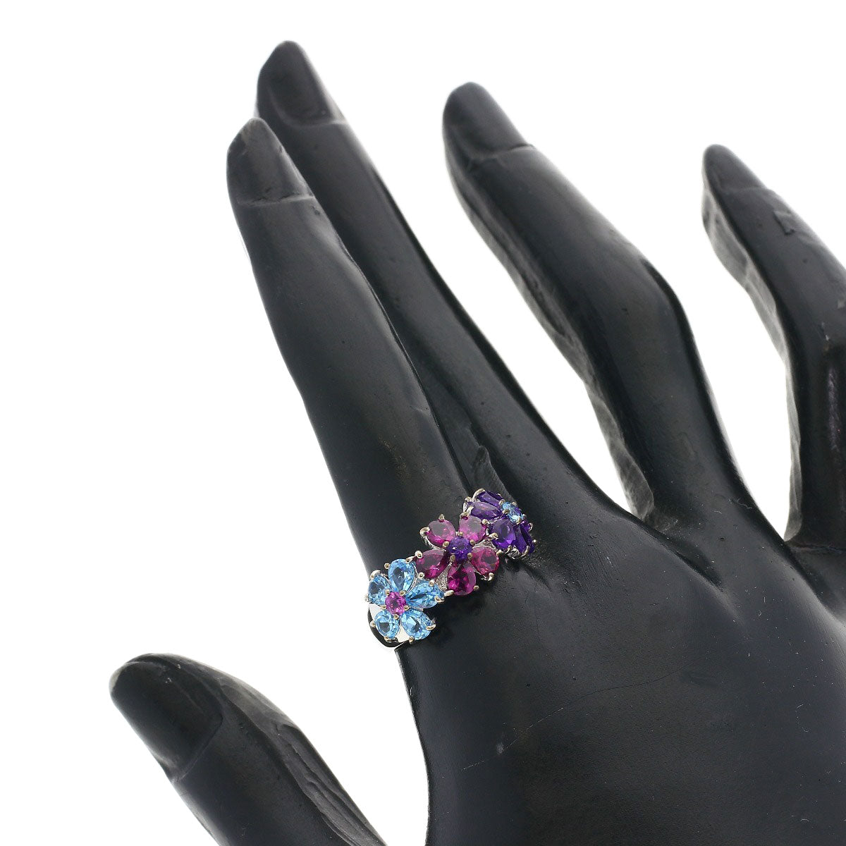 Ponte Vecchio Flower motif Blue Topaz Amethyst Garnet Ring K18 White Gold Ladies [Used]