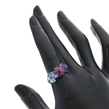 Ponte Vecchio Flower motif Blue Topaz Amethyst Garnet Ring K18 White Gold Ladies [Used]
