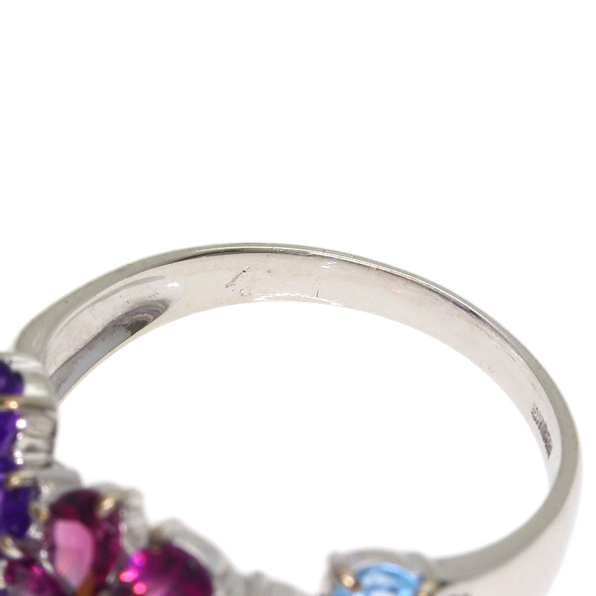 Ponte Vecchio Flower motif Blue Topaz Amethyst Garnet Ring K18 White Gold Ladies [Used]