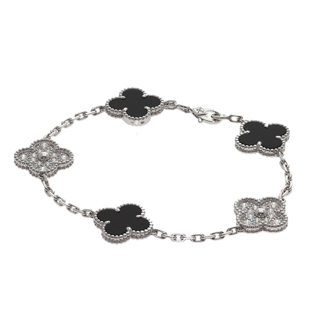 Van Cleef & Arpels Vintage Alhambra 5-Motif Onyx Diamond Bracelet K18 White Gold Ladies [Used]