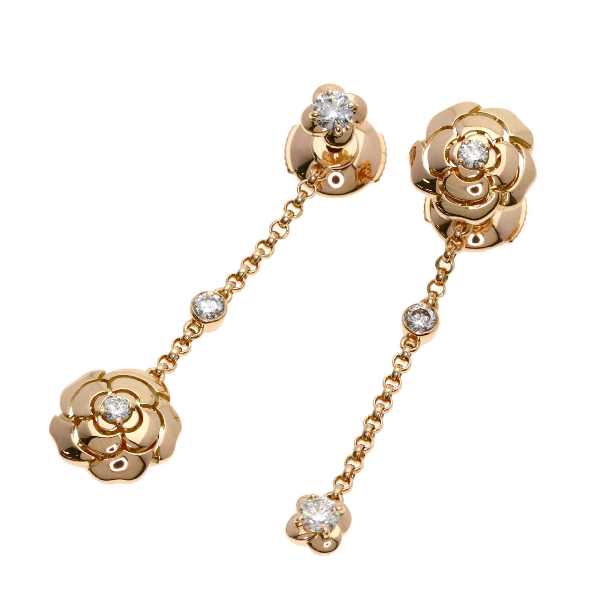 CHANEL Camellia Asymmetrical Transformable Diamond earring K18 Pink Gold Ladies [Used]