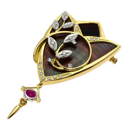 NOBUKO ISHIKAWA As Time Diamond Ruby Shell Brooch Platinum PT900 18K Yellow GoldLadies [Used]