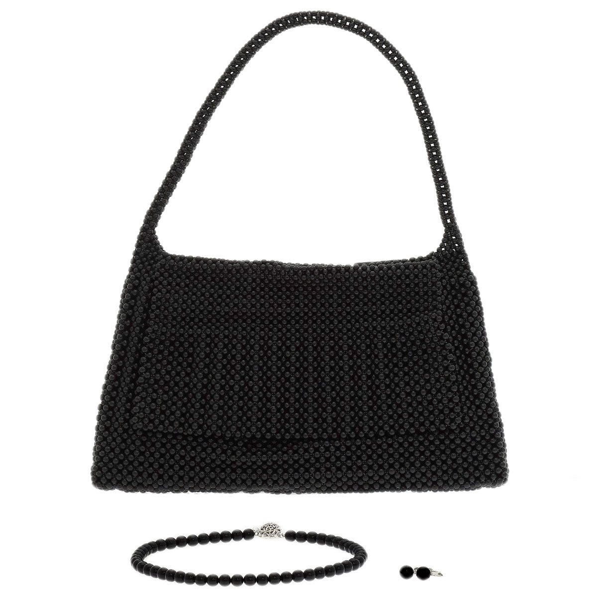 Black Coral Earrings and Bag 3-Piece Set Necklace Silver g　Ladies