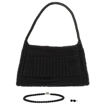 Black Coral Earrings and Bag 3-Piece Set Necklace Silver g　Ladies