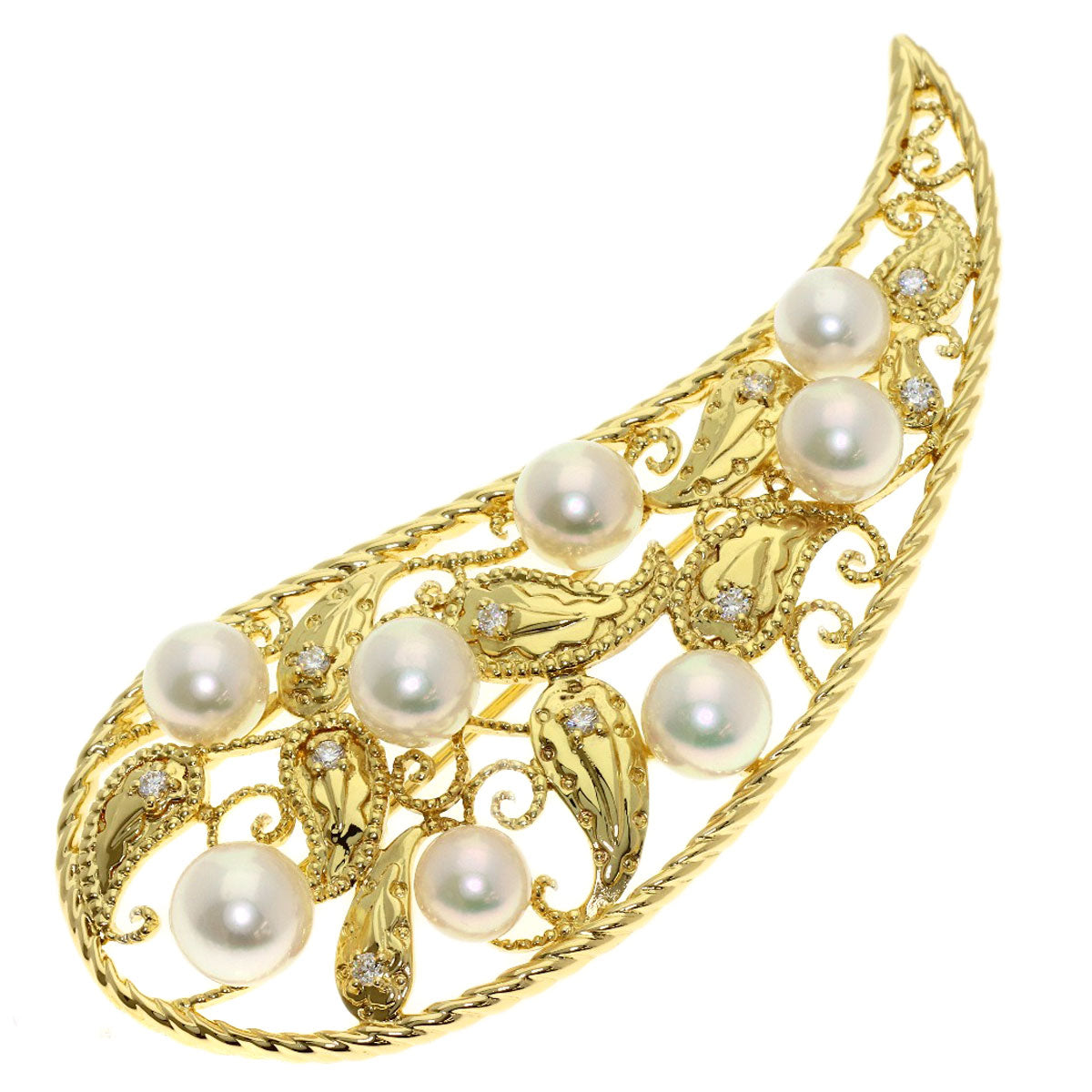 MIKIMOTO Paisley Pearl Pearl Diamond Brooch K18 Yellow Gold Ladies [Used]