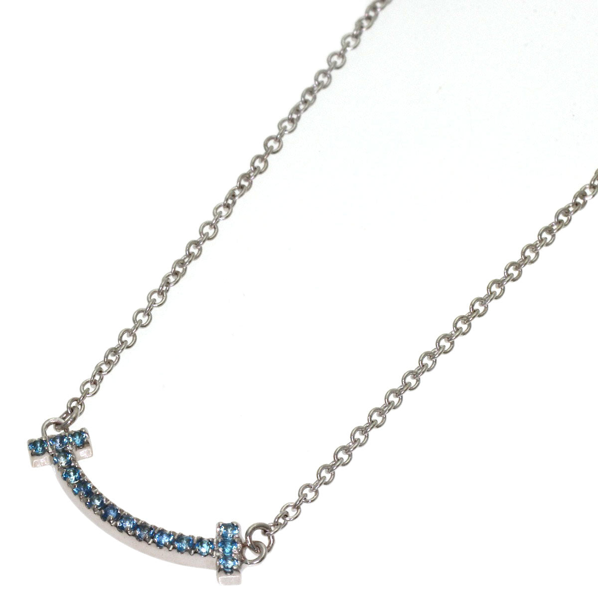 TIFFANY&Co. T Smile Mini Blue Topaz Necklace K18 White Gold Ladies [Used]