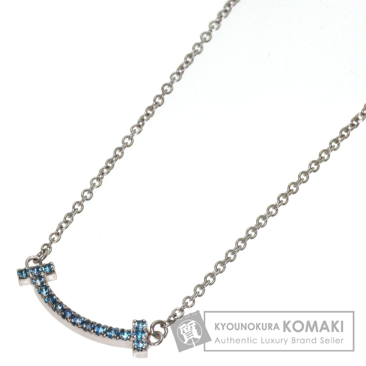 TIFFANY&Co. T Smile Mini Blue Topaz Necklace K18 White Gold Ladies [Used]