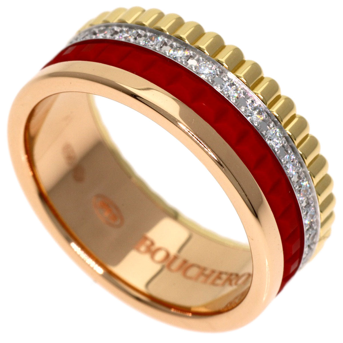Boucheron Quatre Small Red Ceramic Diamond #47 Ring K18 Pink Gold Ladies [Used]